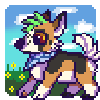 Untitled A fullbody of a tan dog with black markings and green hair on a flower field background