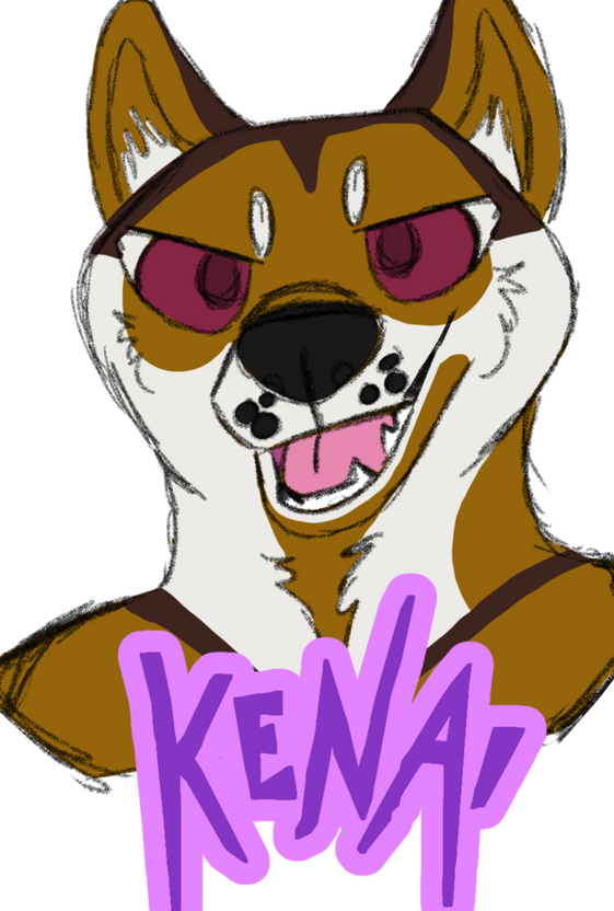 Untitled A headshot badge of a sassy shiba with an open mouth and text in purple reading "Kenai" below him