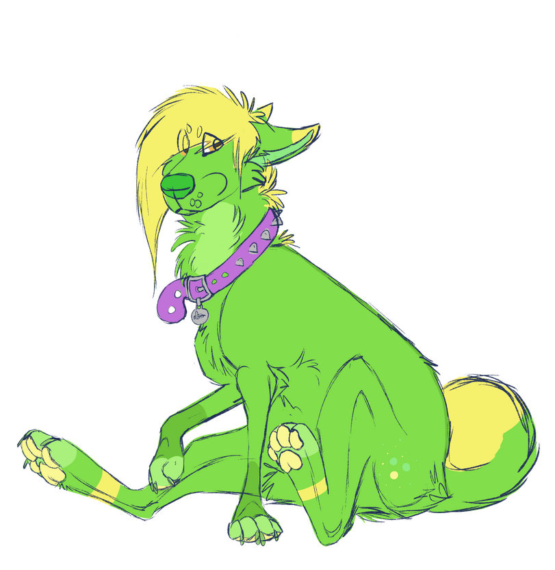 Untitled A green dog with yellow hair and a purple collar sitting with one leg stretched out