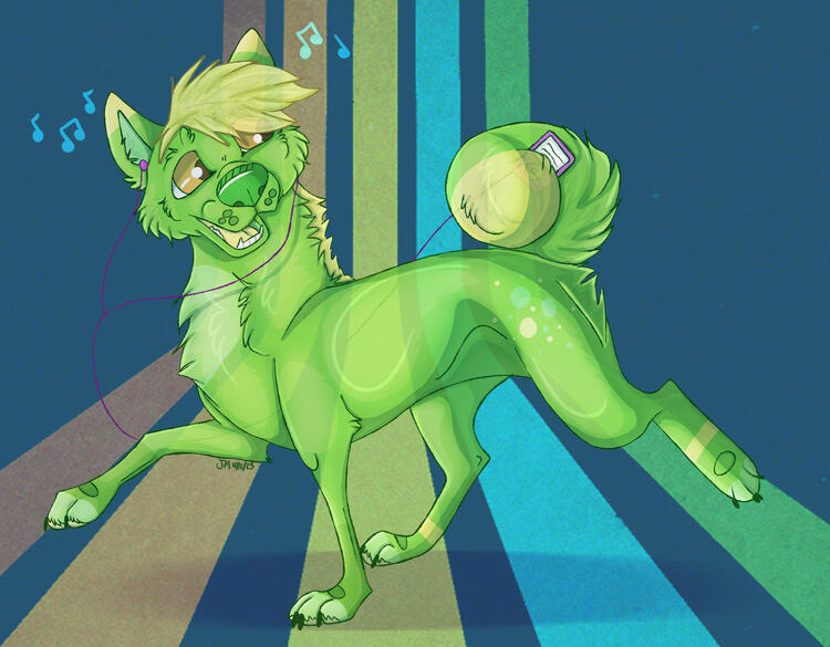 Untitled A green dog with yellow hair dancing with purple headphones and an ipod stuck in their curly tail