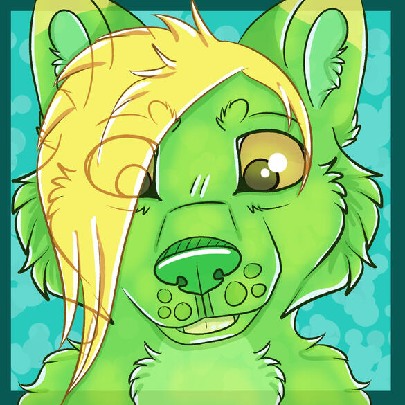 Untitled A headshot of a green dog with yellow hair smiling.